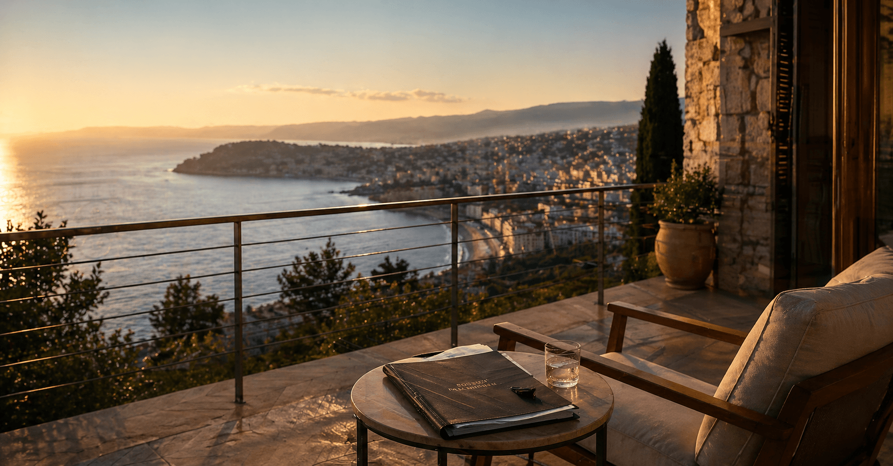 Terrasse élégante sur le mont Boron à Nice au coucher du soleil, avec une vue panoramique sur la mer, un fauteuil tourné vers l’horizon et un dossier fermé posé sur une table basse, suggérant une décision patrimoniale en attente.