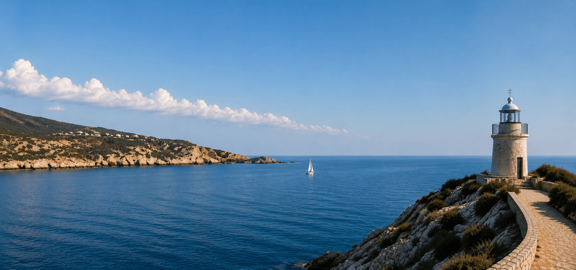 Vue panoramique d’un phare méditerranéen en pierre claire sur une côte rocheuse, avec un voilier au loin sur une mer calme sous un ciel bleu lumineux.