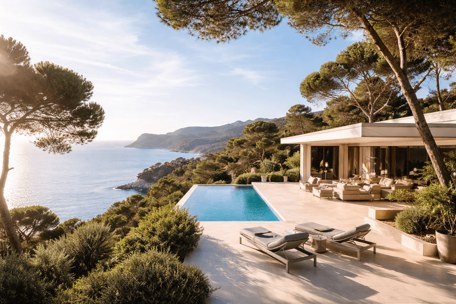 Terrasse d’une villa de prestige avec vue mer et piscine à débordement dans un environnement méditerranéen