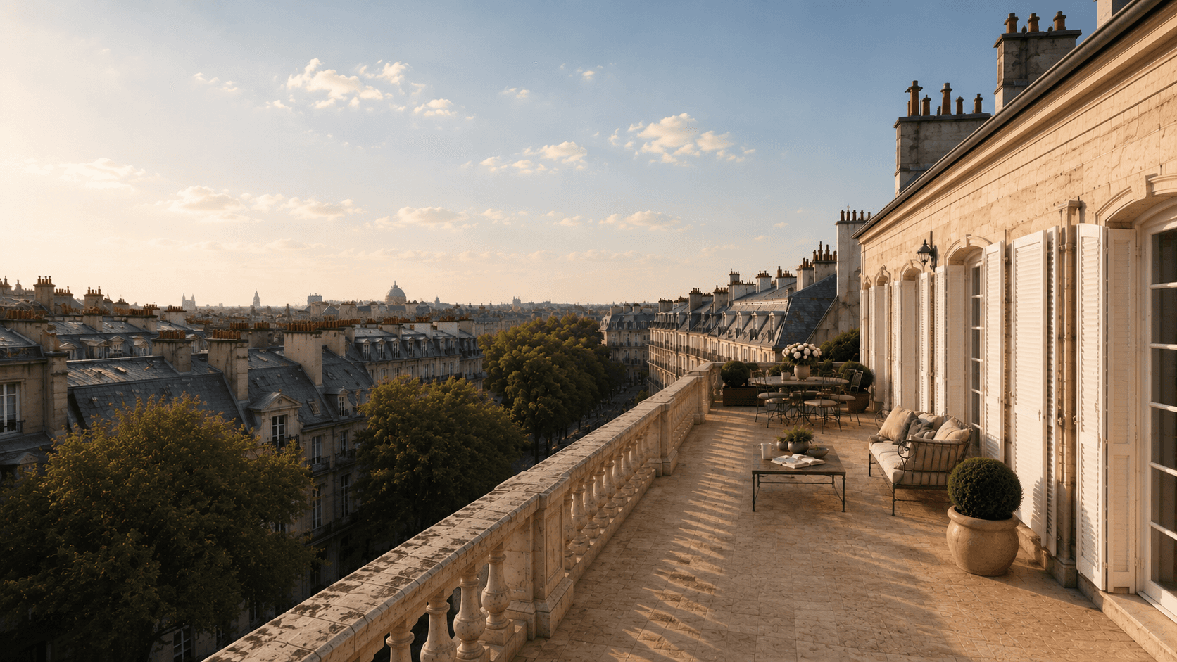 Terrasse discrète d’un appartement ancien parisien avec vue calme sur les toits au petit matin.
