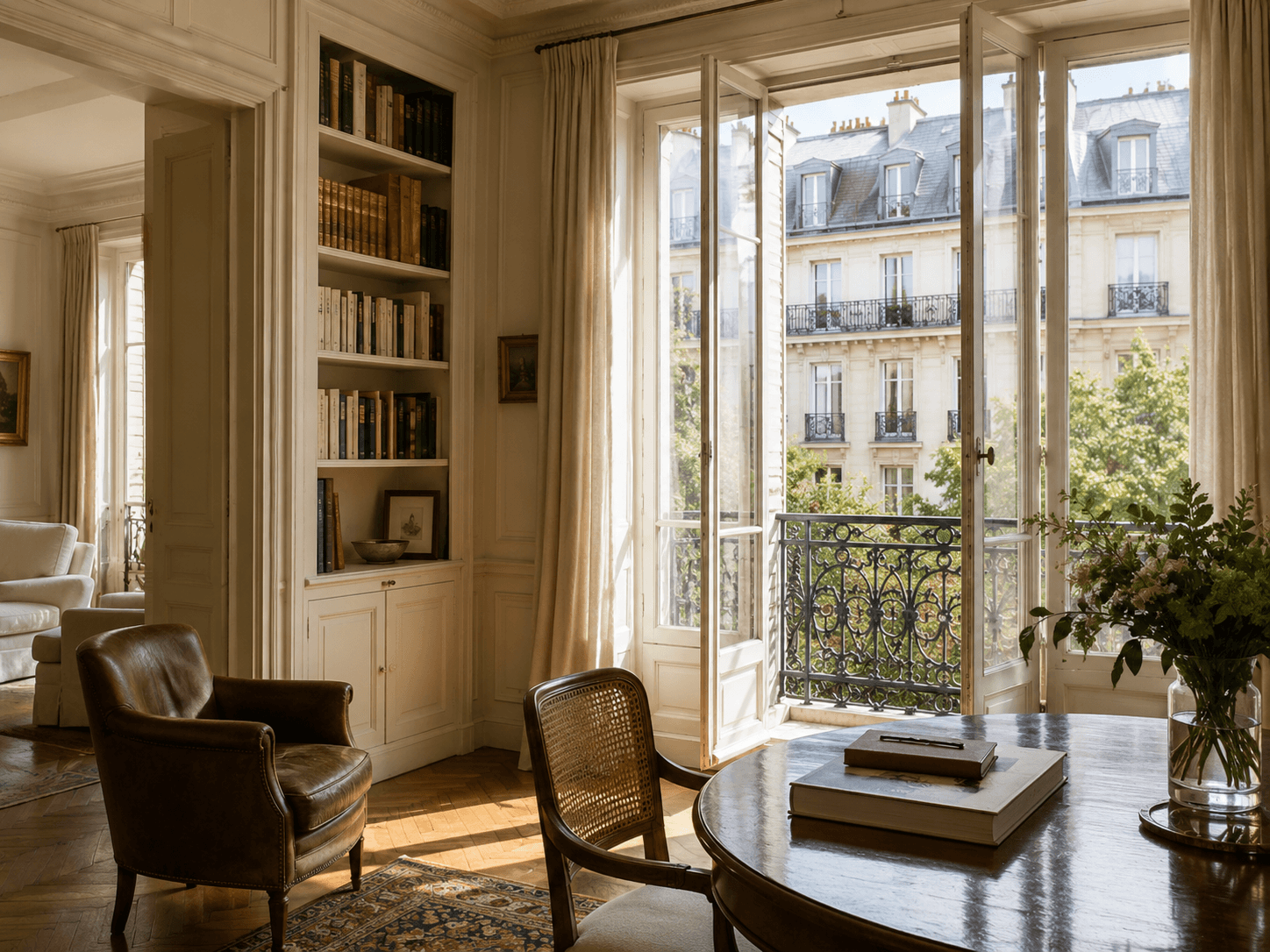 Salon lumineux d’un appartement ancien parisien avec parquet, bibliothèque et atmosphère patrimoniale calme.