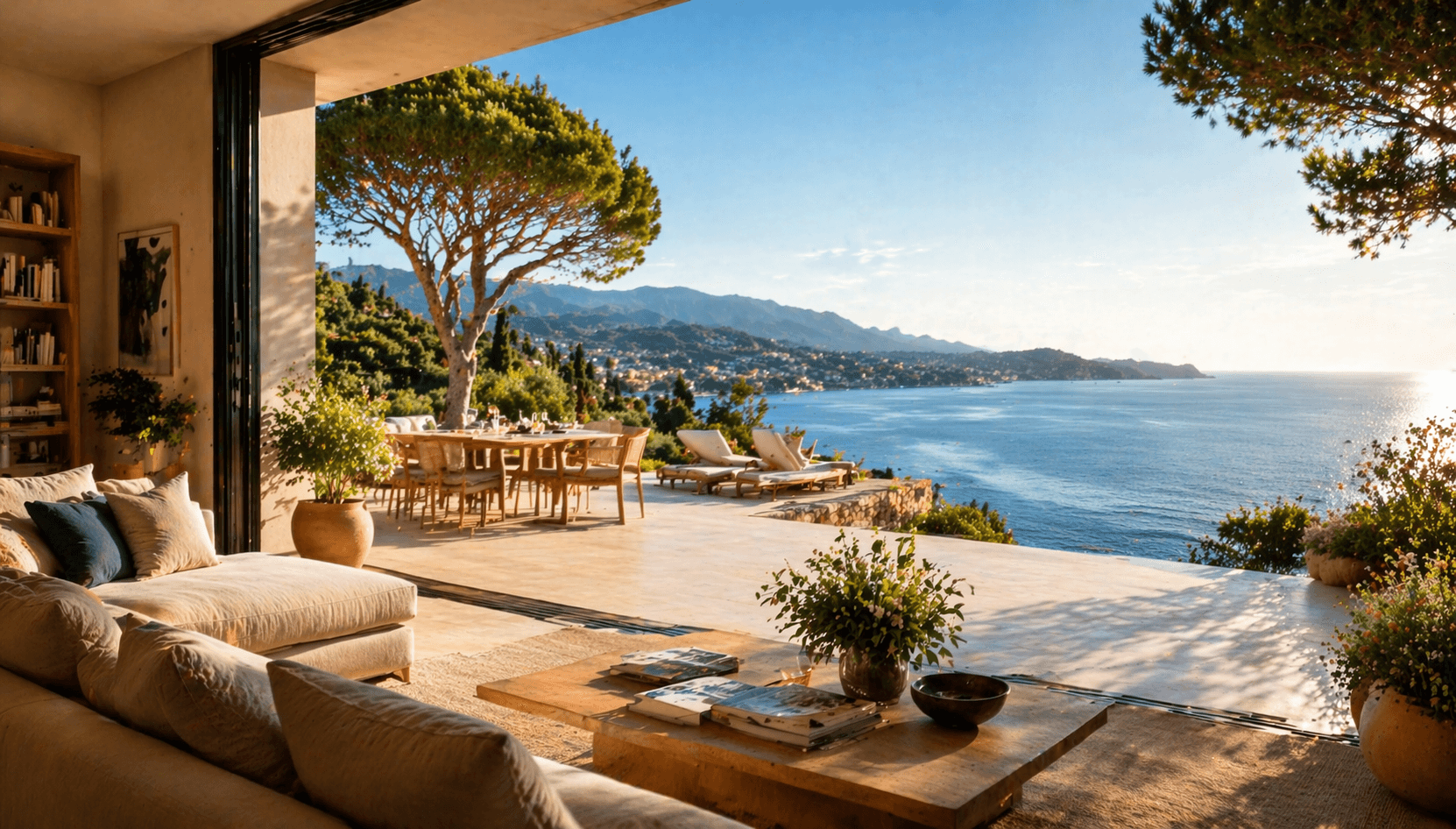 Intérieur et terrasse ouverte sur une vue mer en Côte d’Azur, baignée de lumière naturelle, évoquant le confort, la sérénité et la continuité du lieu de vie