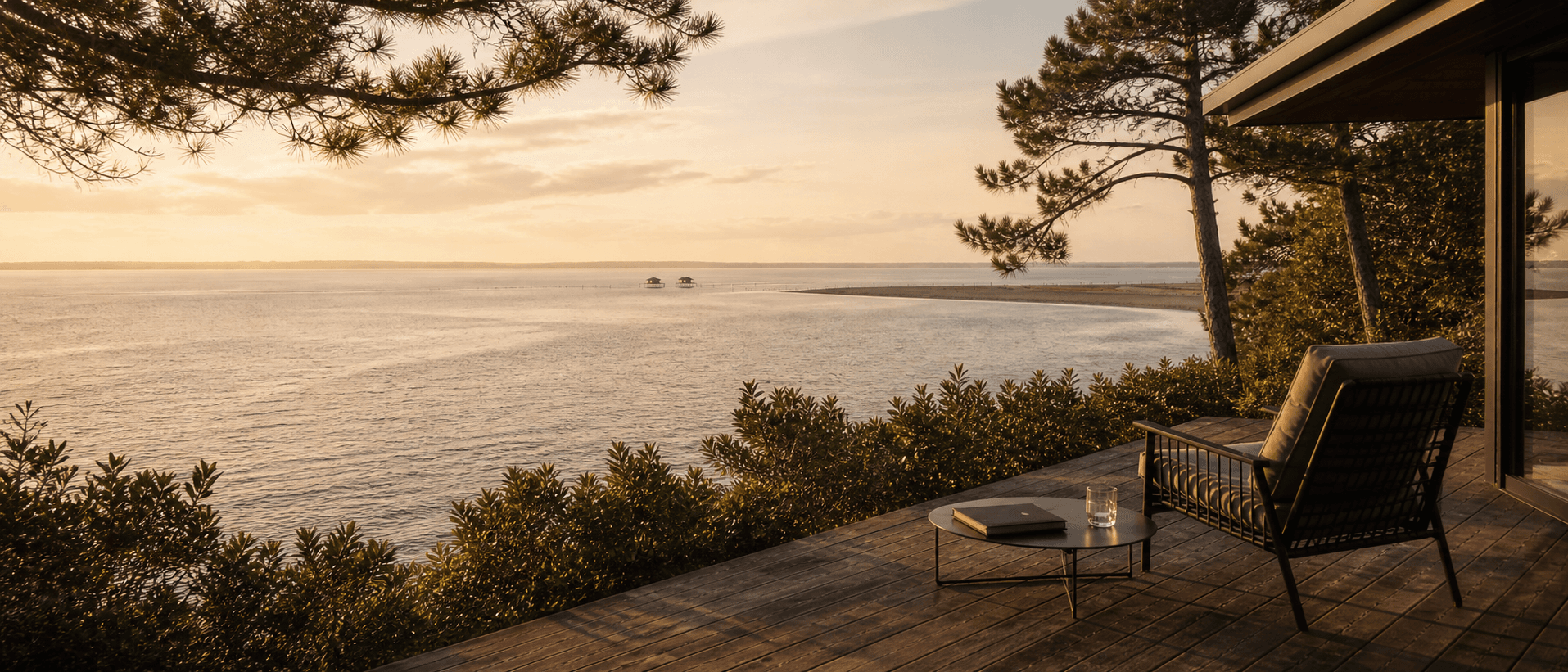 Terrasse en bois haut de gamme face au bassin d’Arcachon à la lumière dorée, fauteuil légèrement déplacé avec dossier et verre sur table, pinède en cadre et cabanes tchanquées lointaines, atmosphère calme et suspendue