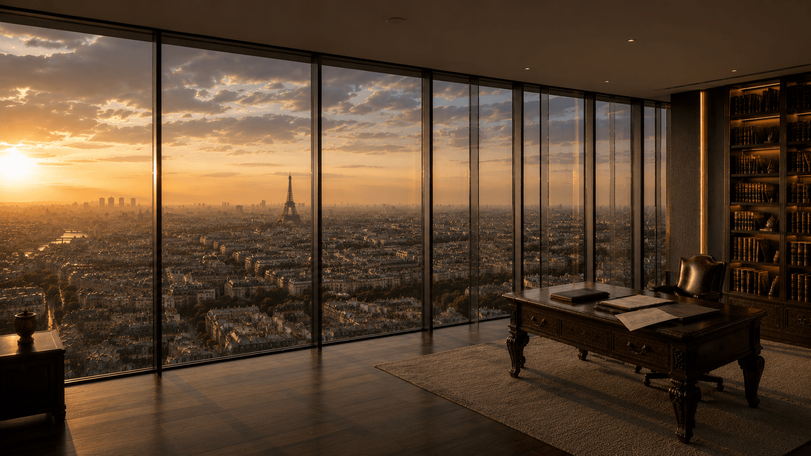Bureau haussmannien élégant avec dossiers en cuir et documents juridiques, dont une feuille prête à glisser, illustrant la dissociation entre propriété et usage dans un investissement patrimonial.