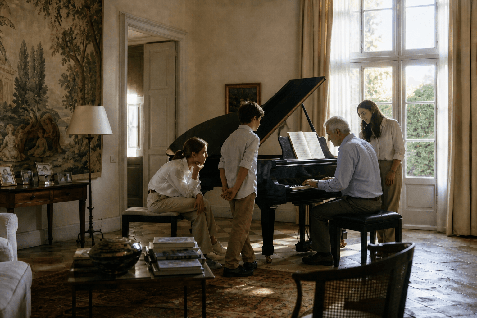Famille réunie autour d’un piano dans un salon de villa haut de gamme, un senior joue pendant qu’un enfant observe ses mains