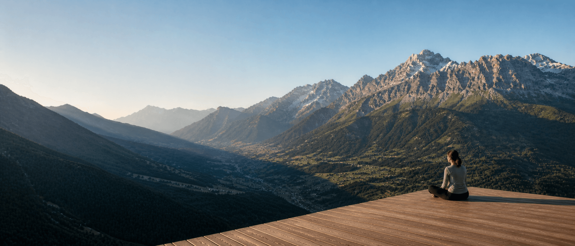 Vue panoramique d’une vallée alpine au lever du jour depuis une terrasse en bois, avec une personne assise de dos face au paysage dans une lumière douce et claire.