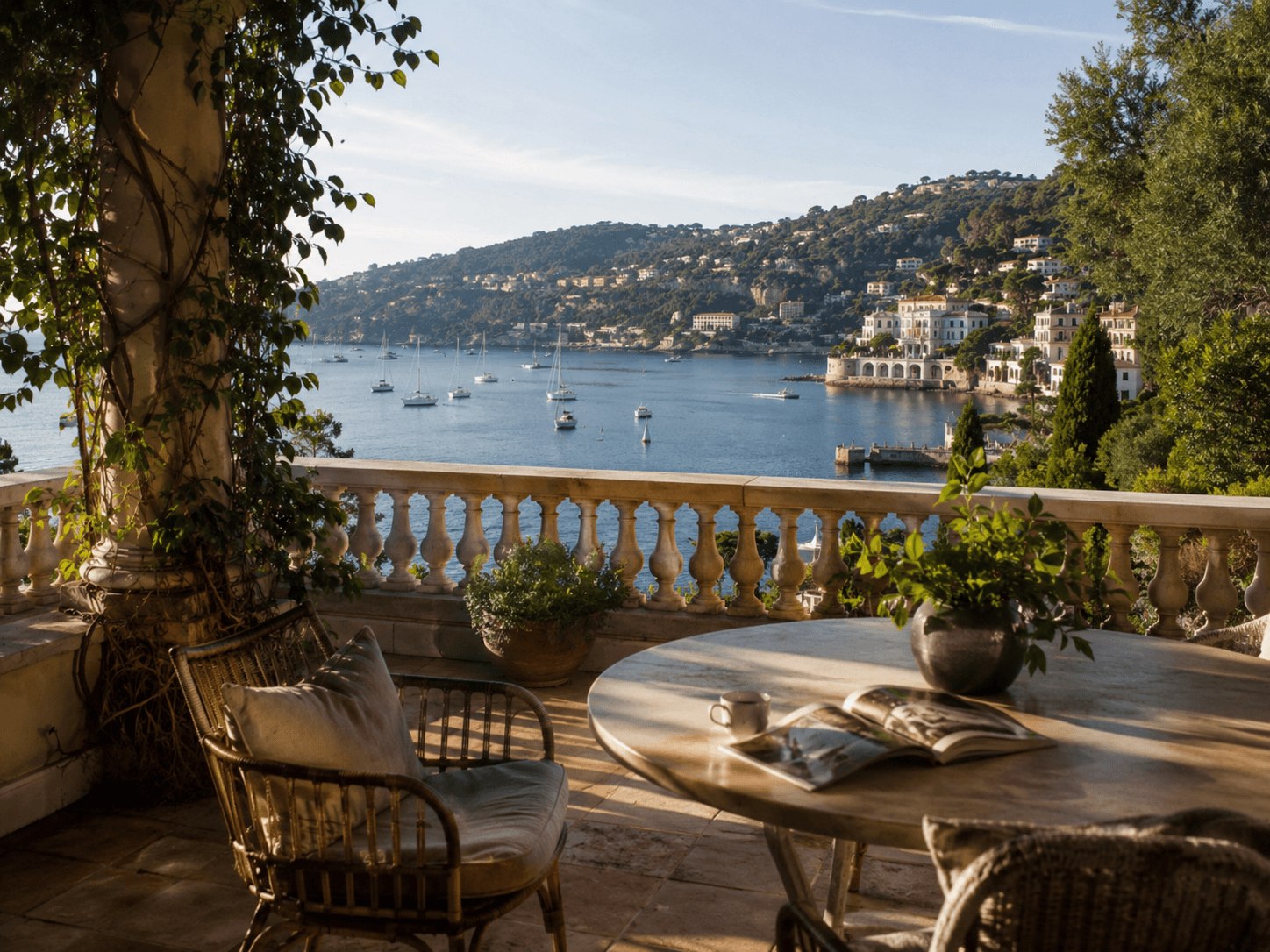 Alt text : Terrasse lumineuse à Beaulieu-sur-Mer avec vue sur la baie dans une atmosphère méditerranéenne calme et habitée.